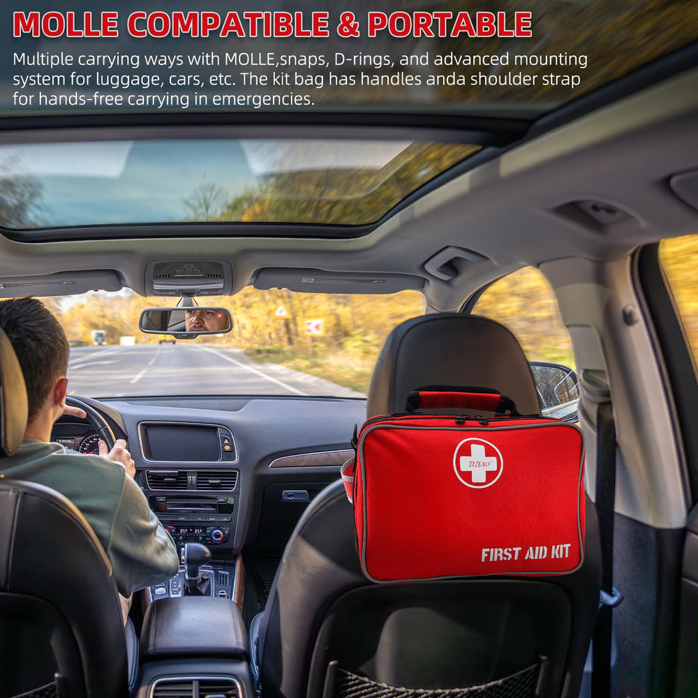 TLIEAO comprehensive first aid kit MOLLE system for secure backpack mounting.