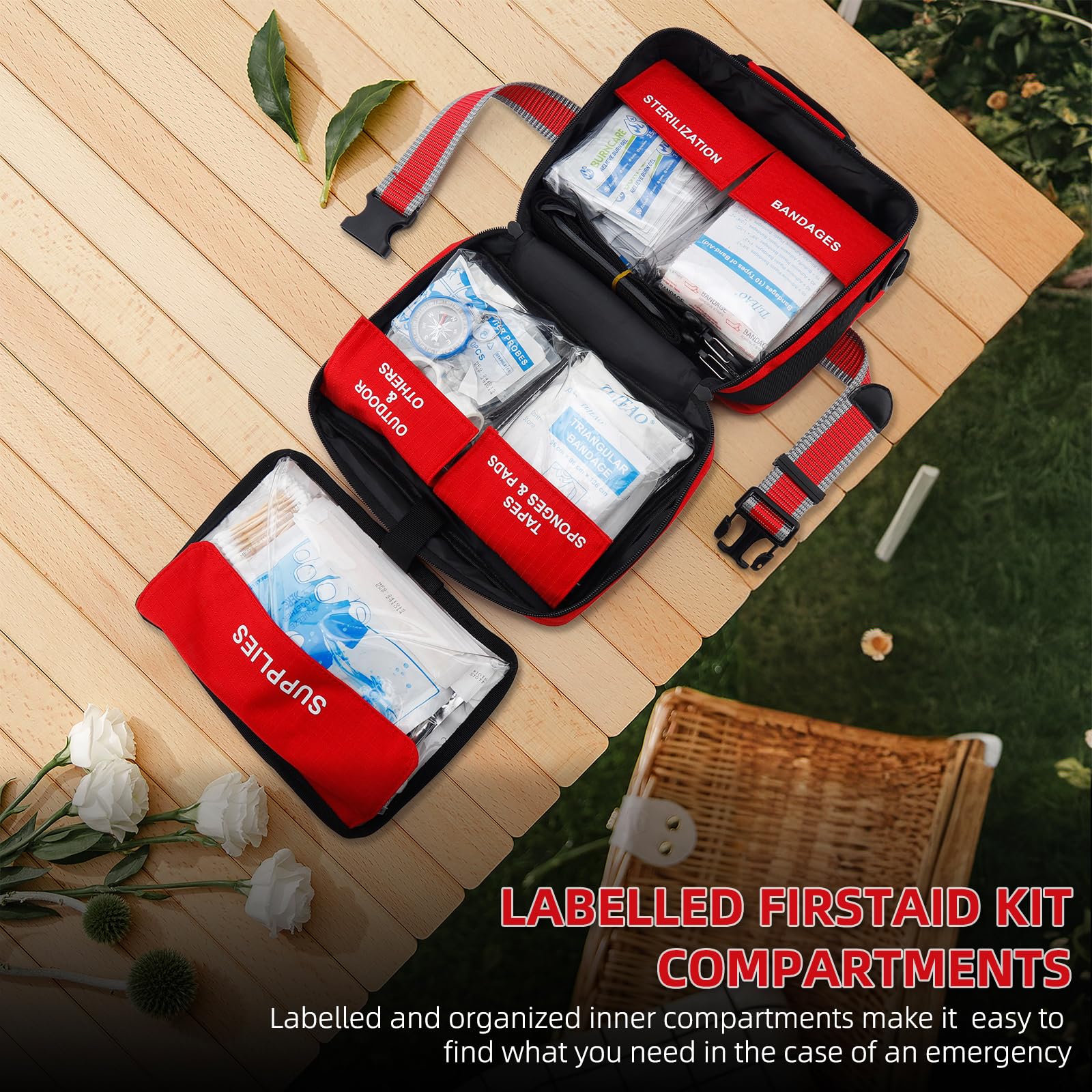 TLIEAO comprehensive first aid kit reflective strips aid visibility in dim conditions.