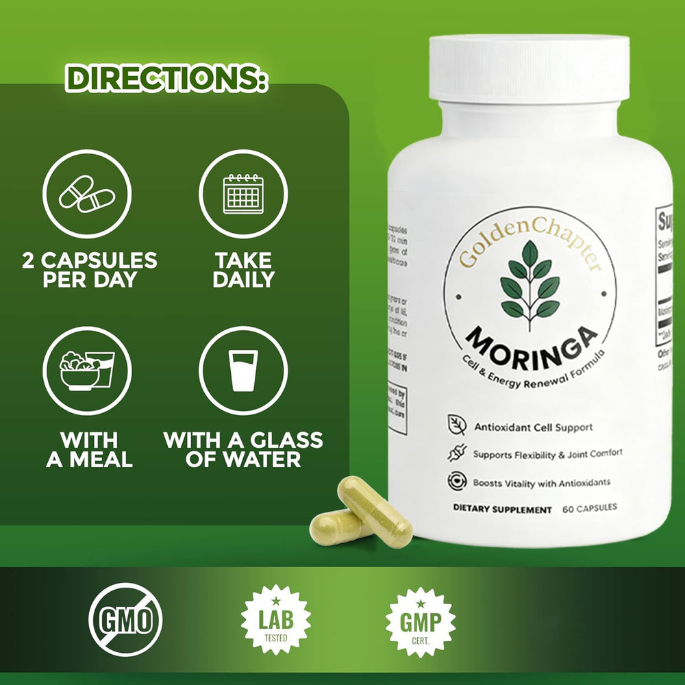 TMKTMK Golden Chapter Moringa bottle back with product details and purity notes