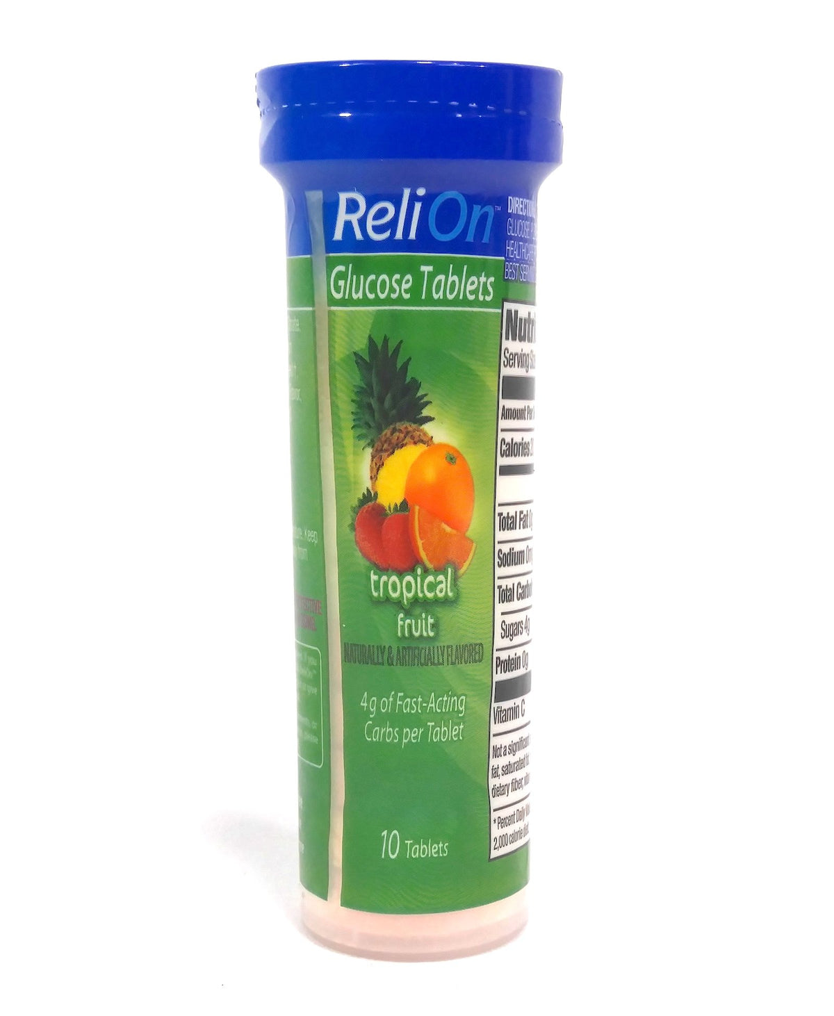 ReliOn tropical fruit glucose tablets in an on-the-go tube for quick energy