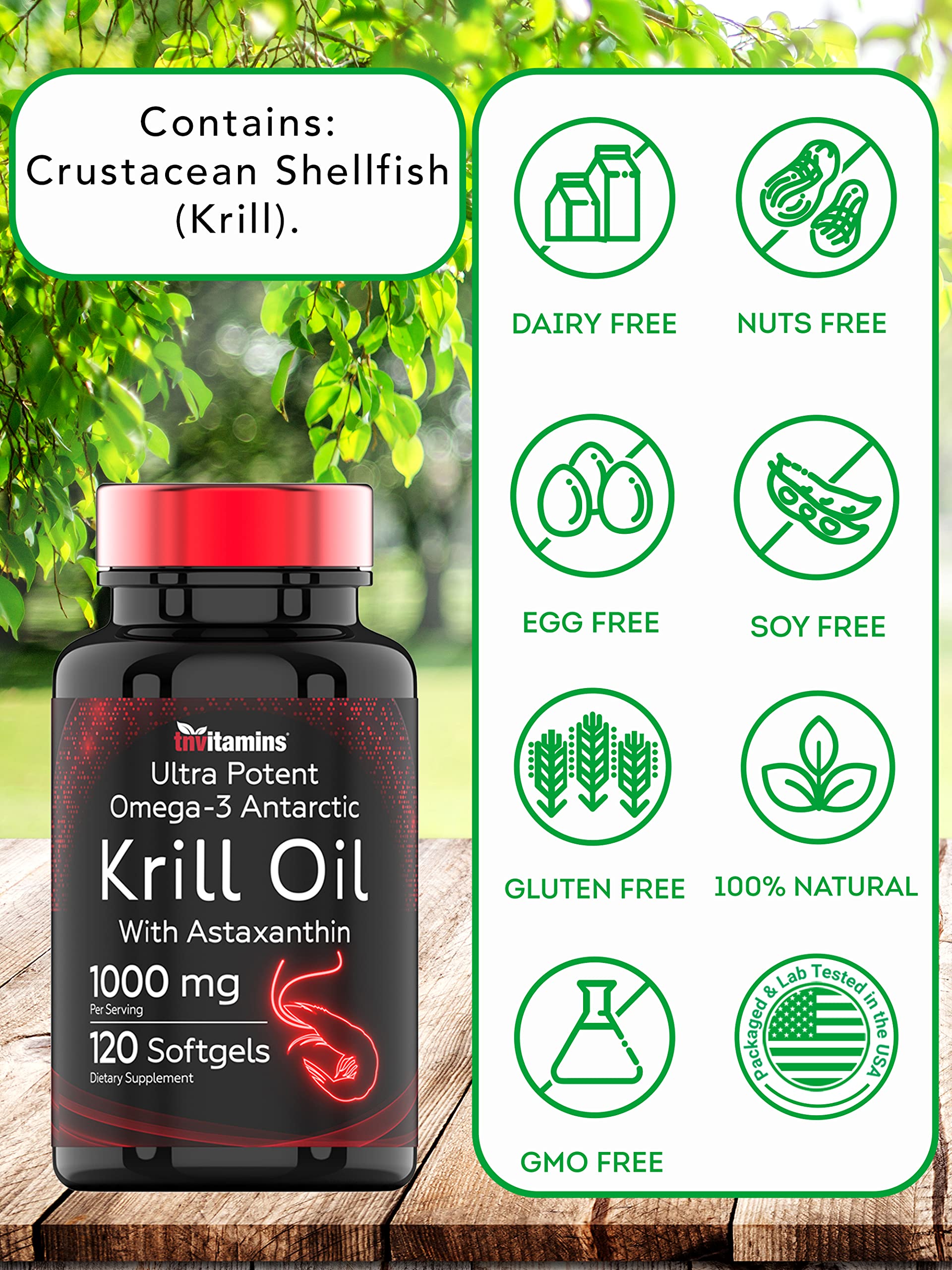 Label highlights allergen-free, non-GMO attributes of TNVitamins krill oil.