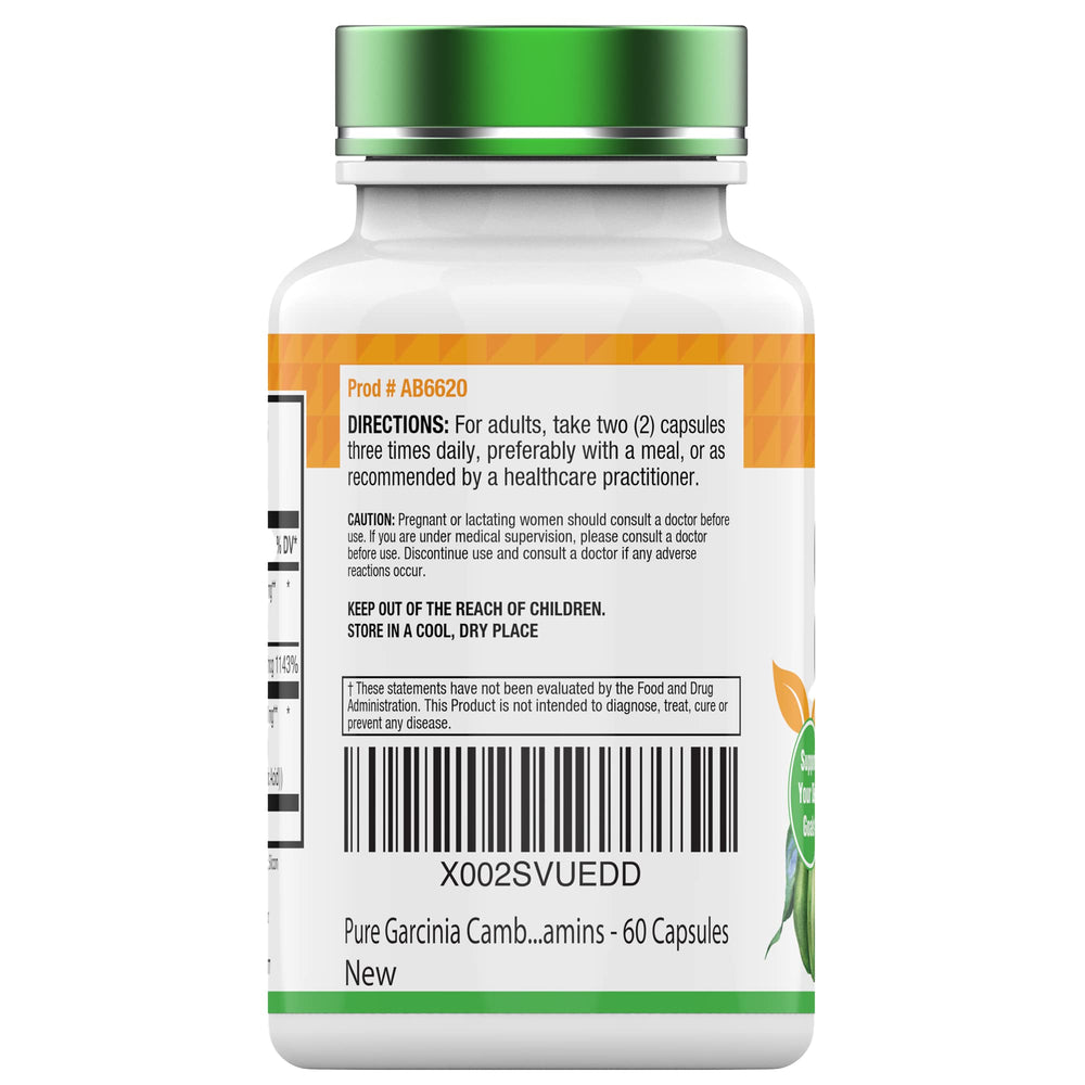 tnvitamins label close-up highlighting Garcinia Cambogia and chromium for weight management awareness.