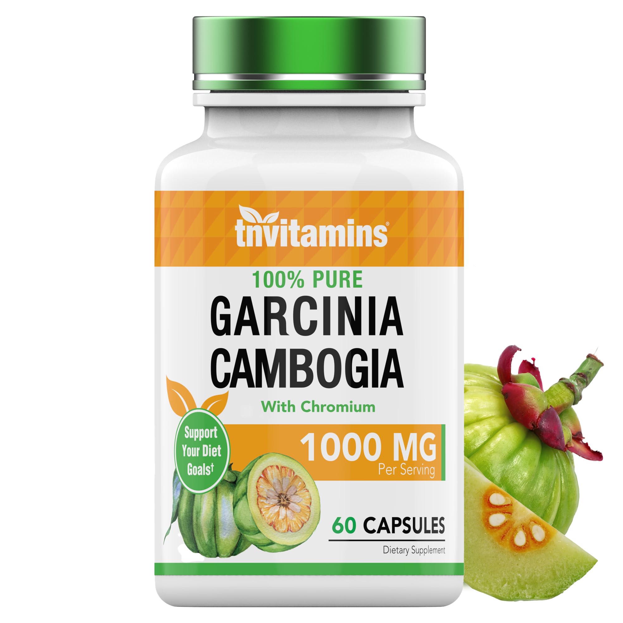 tnvitamins Garcinia Cambogia capsules bottle showing 1000 mg per serving for daily use.