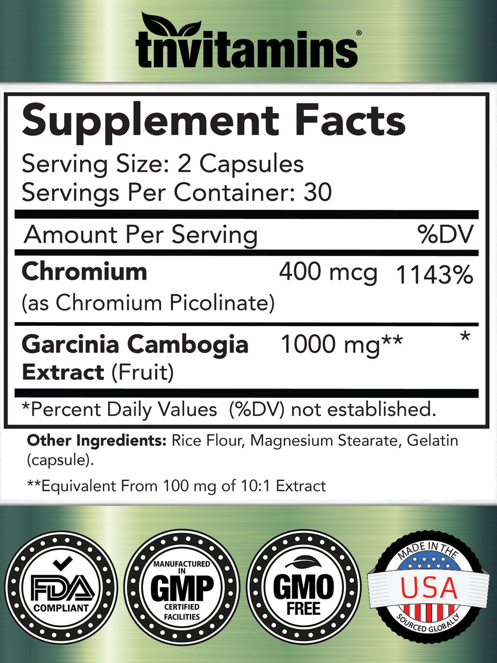 tnvitamins Garcinia Cambogia with chromium label highlighting all-natural appetite support.