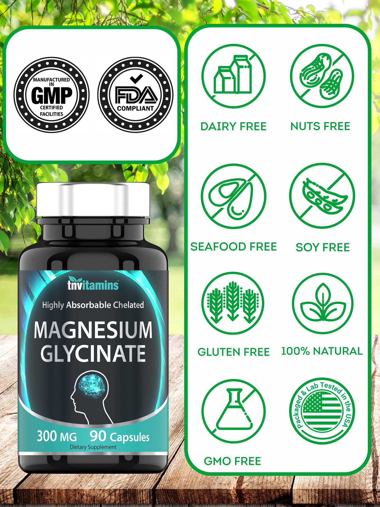 tnvitamins magnesium glycinate bottle with glass supports sleep and calm moments.