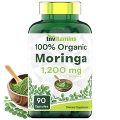 Botella de tnvitamins moringa cápsulas: energía diaria y vitalidad natural.