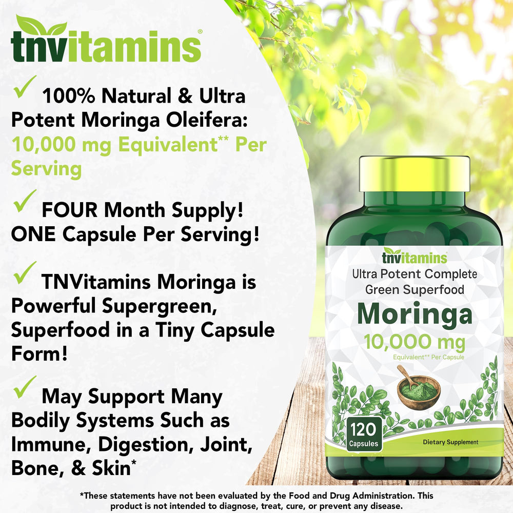 tnvitamins Moringa Capsules label close-up highlights non-GMO and allergen-free notes