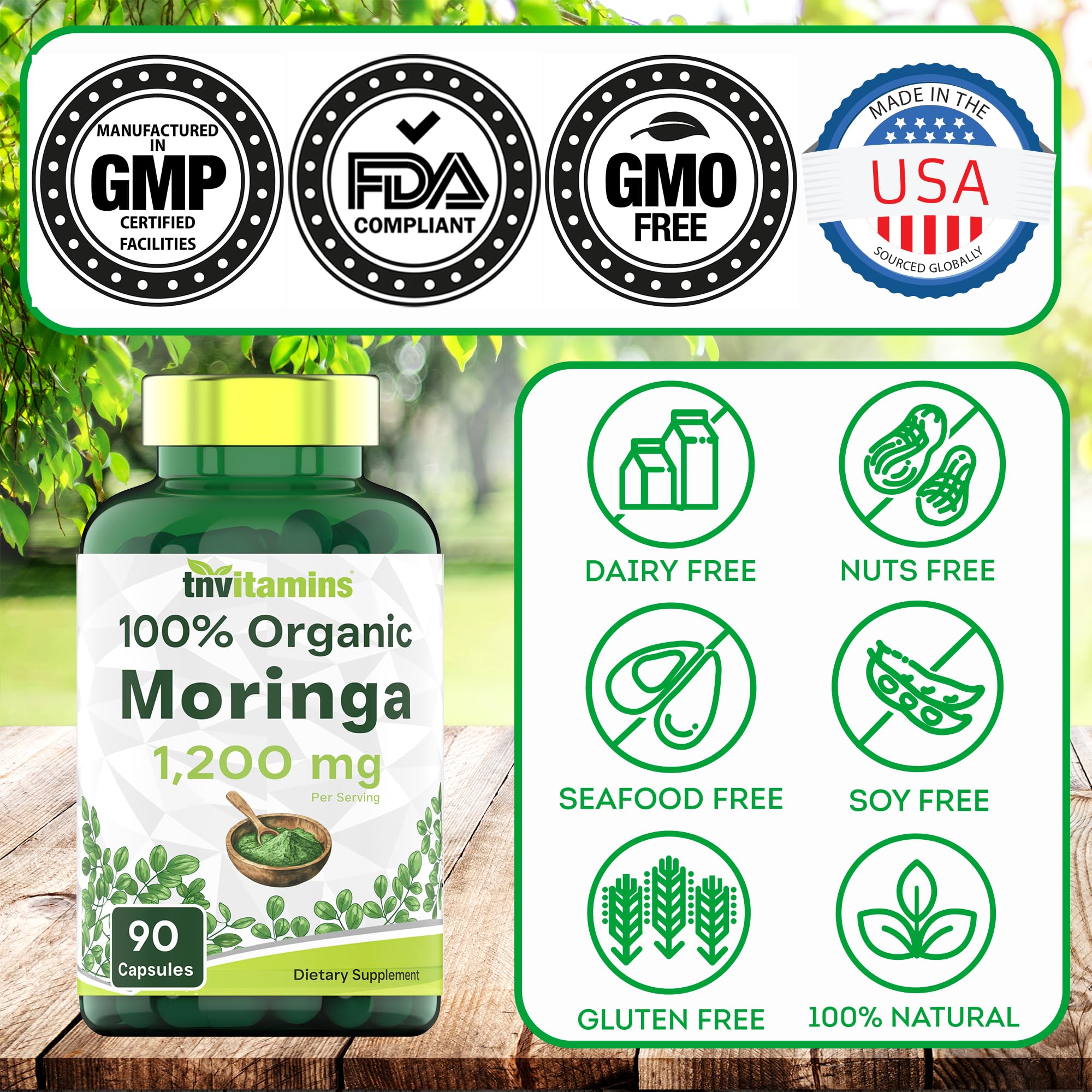 Imagen resalta energía natural con tnvitamins moringa para uso diario.