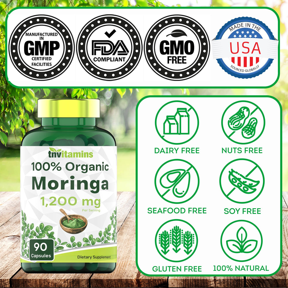 Imagen resalta energía natural con tnvitamins moringa para uso diario.
