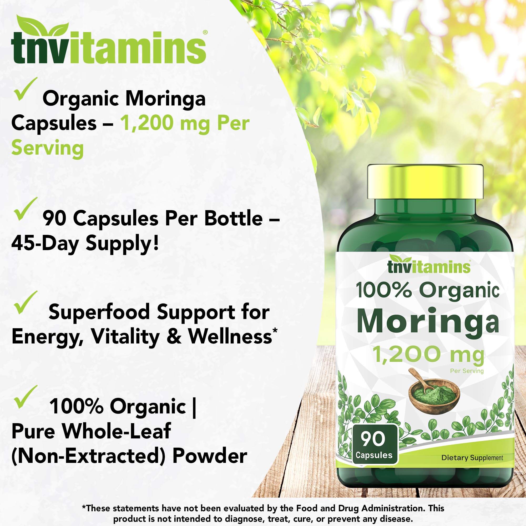 Etiqueta orgánica de tnvitamins moringa destaca compromiso con calidad y pureza.