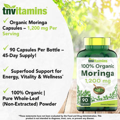 Etiqueta orgánica de tnvitamins moringa destaca compromiso con calidad y pureza.