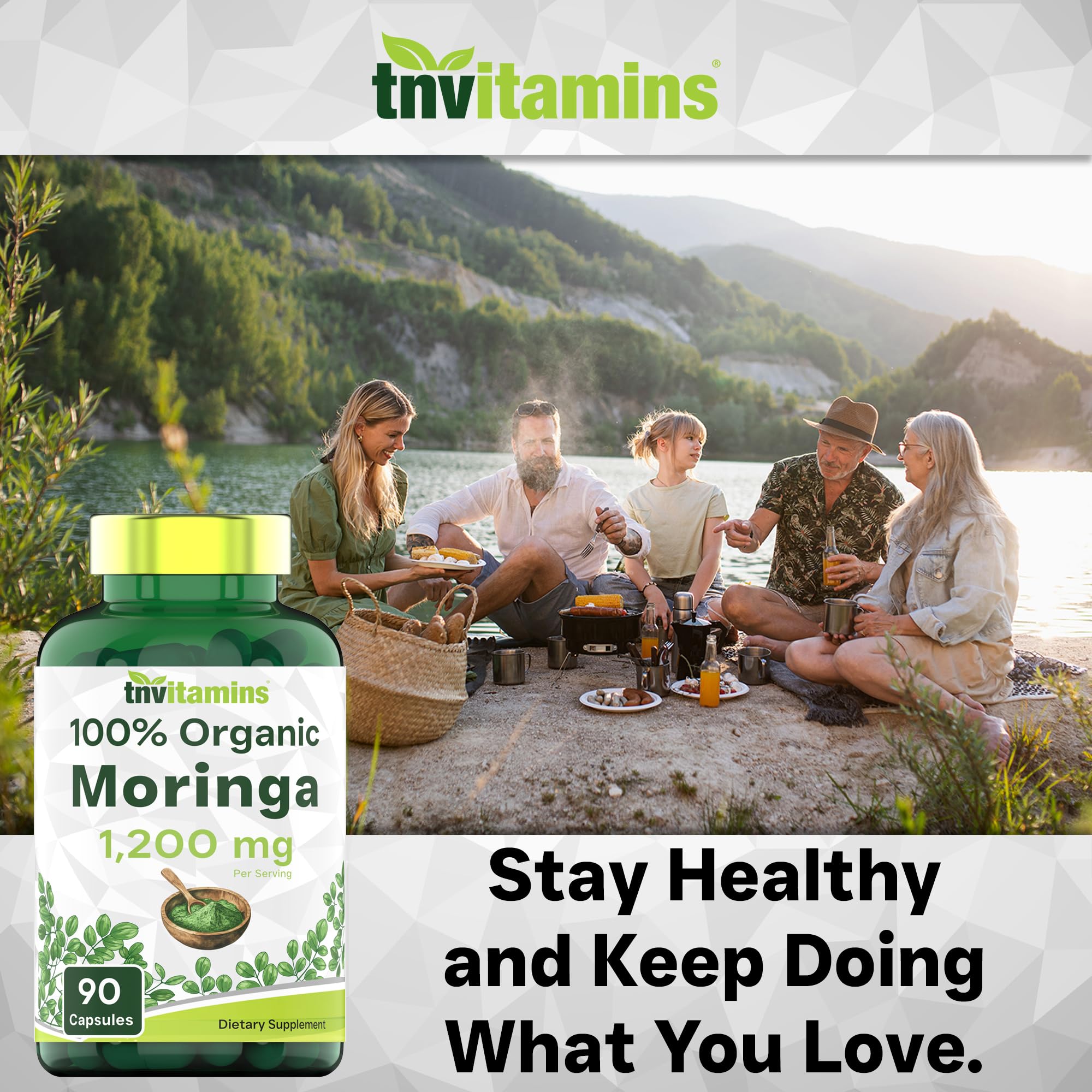 Cápsulas tnvitamins moringa en fondo blanco, opción sin sabor ni polvo.