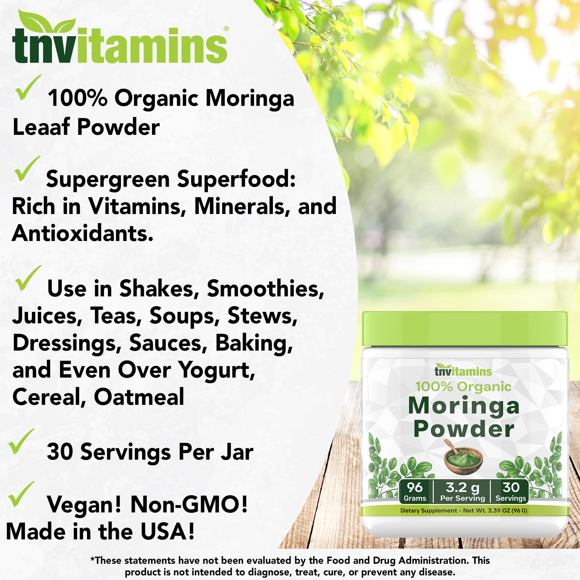 tnvitamins Organic Moringa Powder blends easily into smoothies for energy