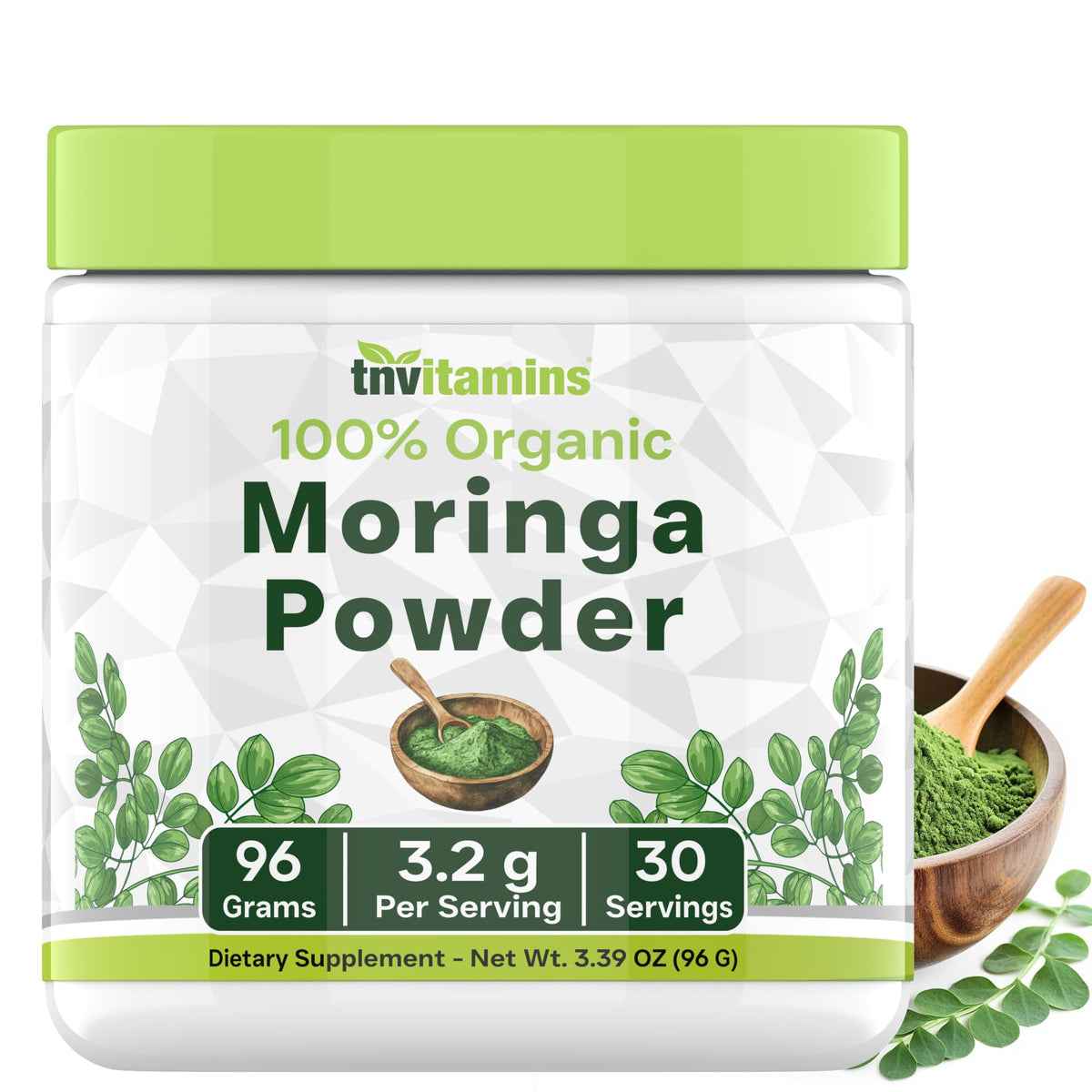 tnvitamins Organic Moringa Powder jar with scoop for daily greens and protein