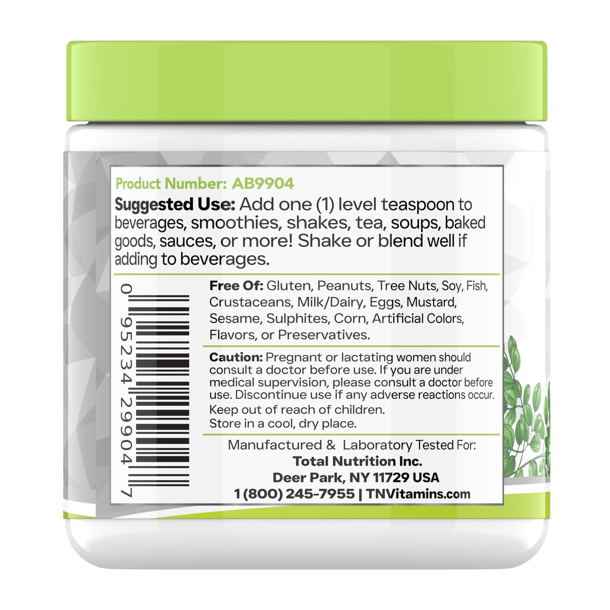 tnvitamins Organic Moringa Powder nutrition label highlighting non-GMO and gluten-free
