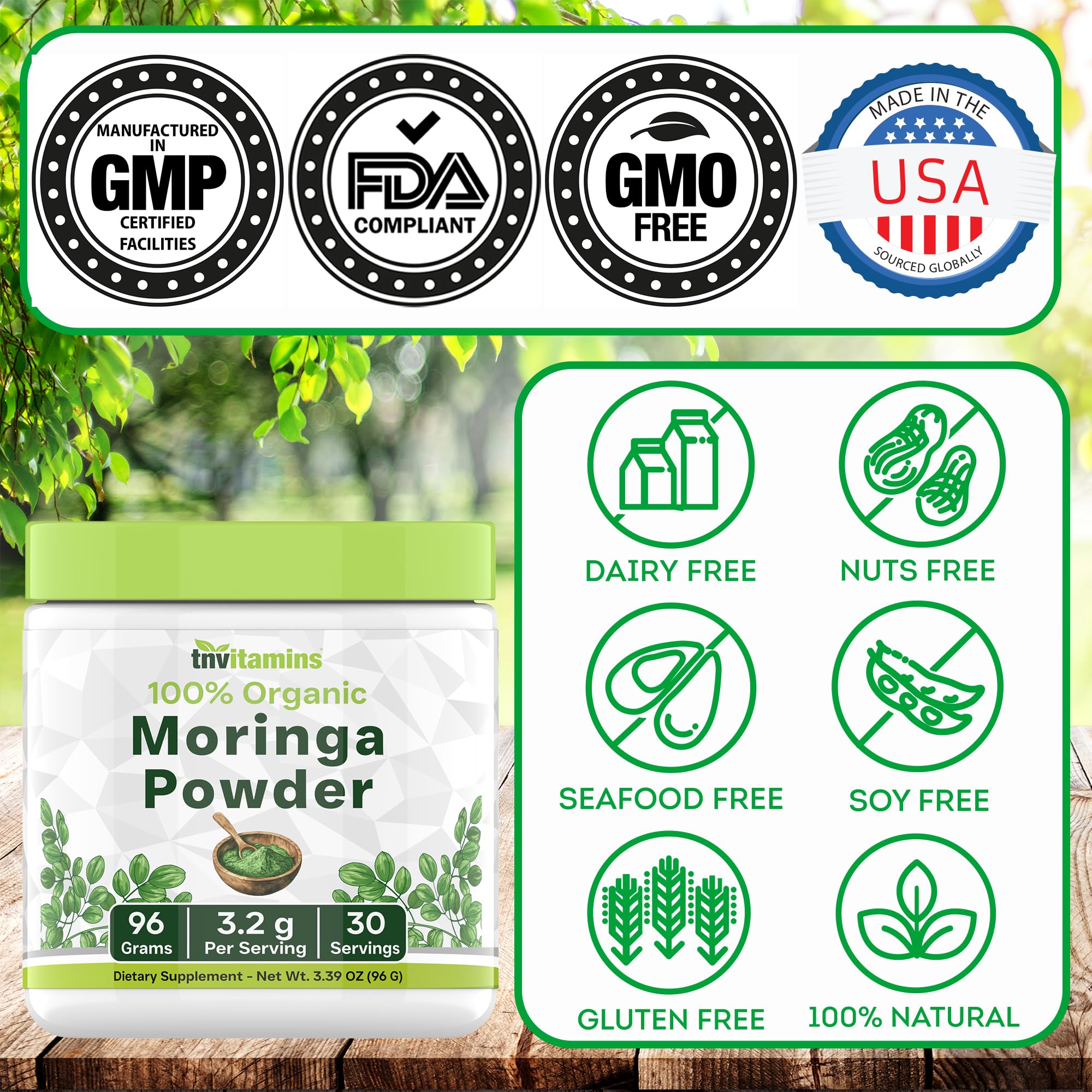 tnvitamins Organic Moringa Powder packaging closeup shows purity and potency