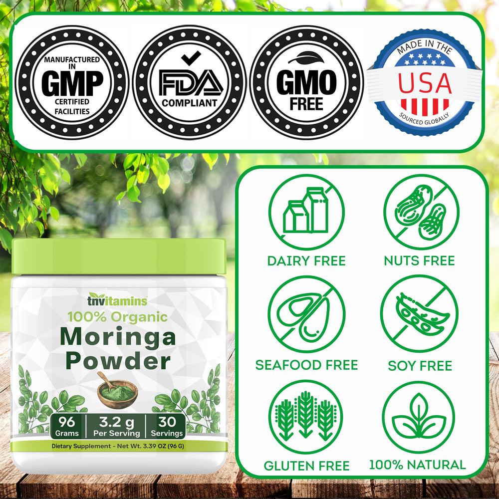 tnvitamins Organic Moringa Powder packaging closeup shows purity and potency