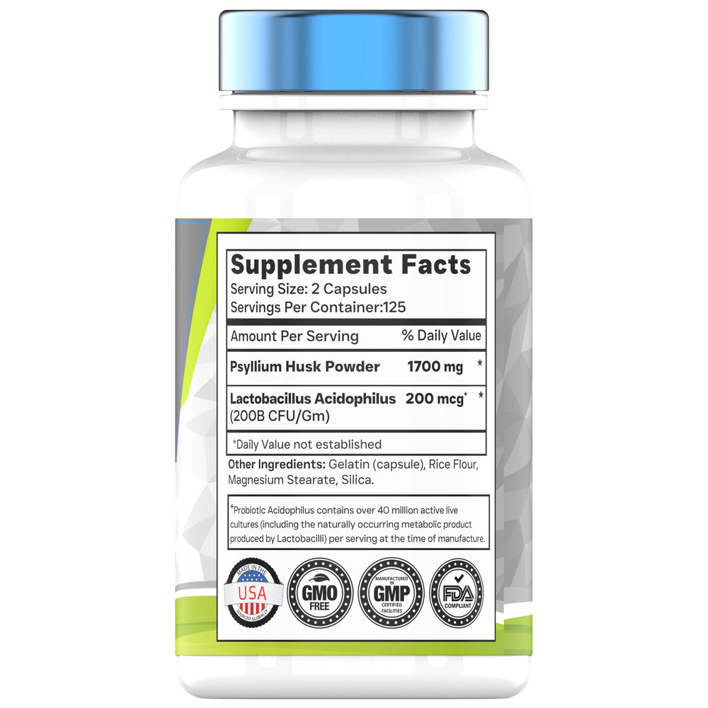 tnvitamins Psyllium Husk Capsules bottle side shows probiotic acidophilus ingredient for gut support
