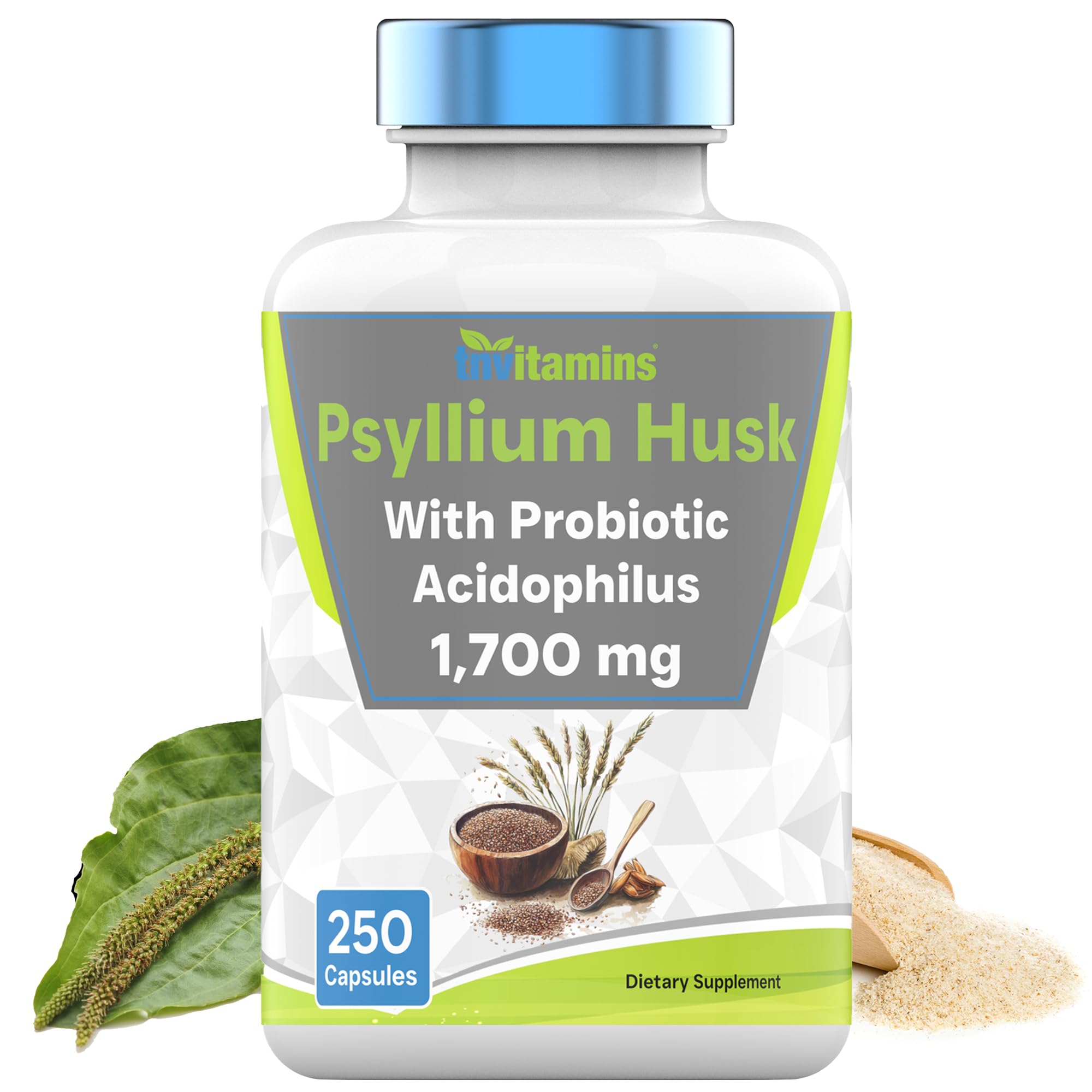 tnvitamins Psyllium Husk Capsules bottle front highlights high strength soluble fiber for daily digestion