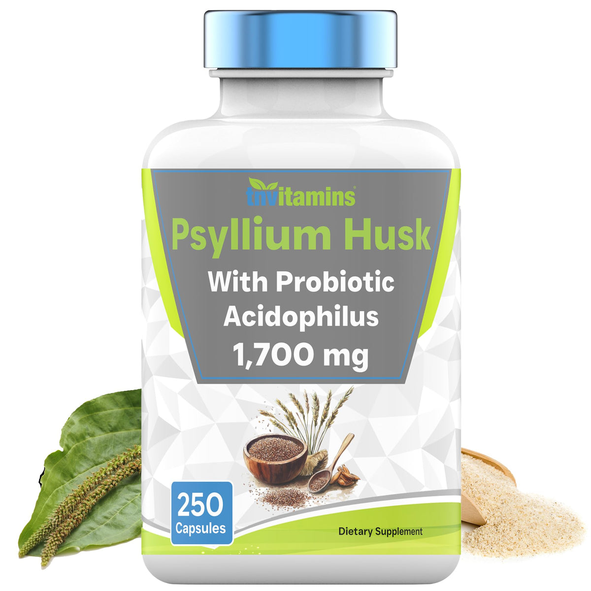 tnvitamins Psyllium Husk Capsules bottle front highlights high strength soluble fiber for daily digestion
