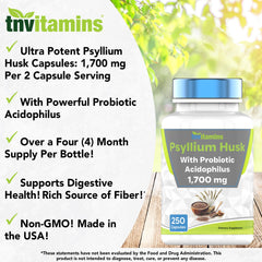 tnvitamins Psyllium Husk Capsules packaging highlights USA manufacturing and safety testing