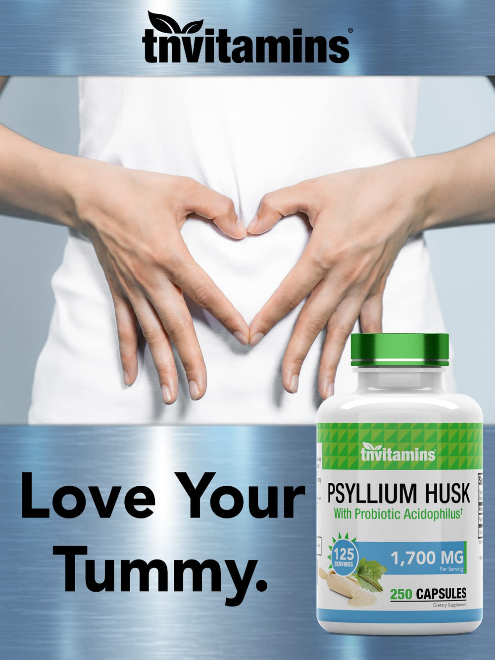 tnvitamins Psyllium Husk Capsules view shows probiotic acidophilus alongside fiber for gut health