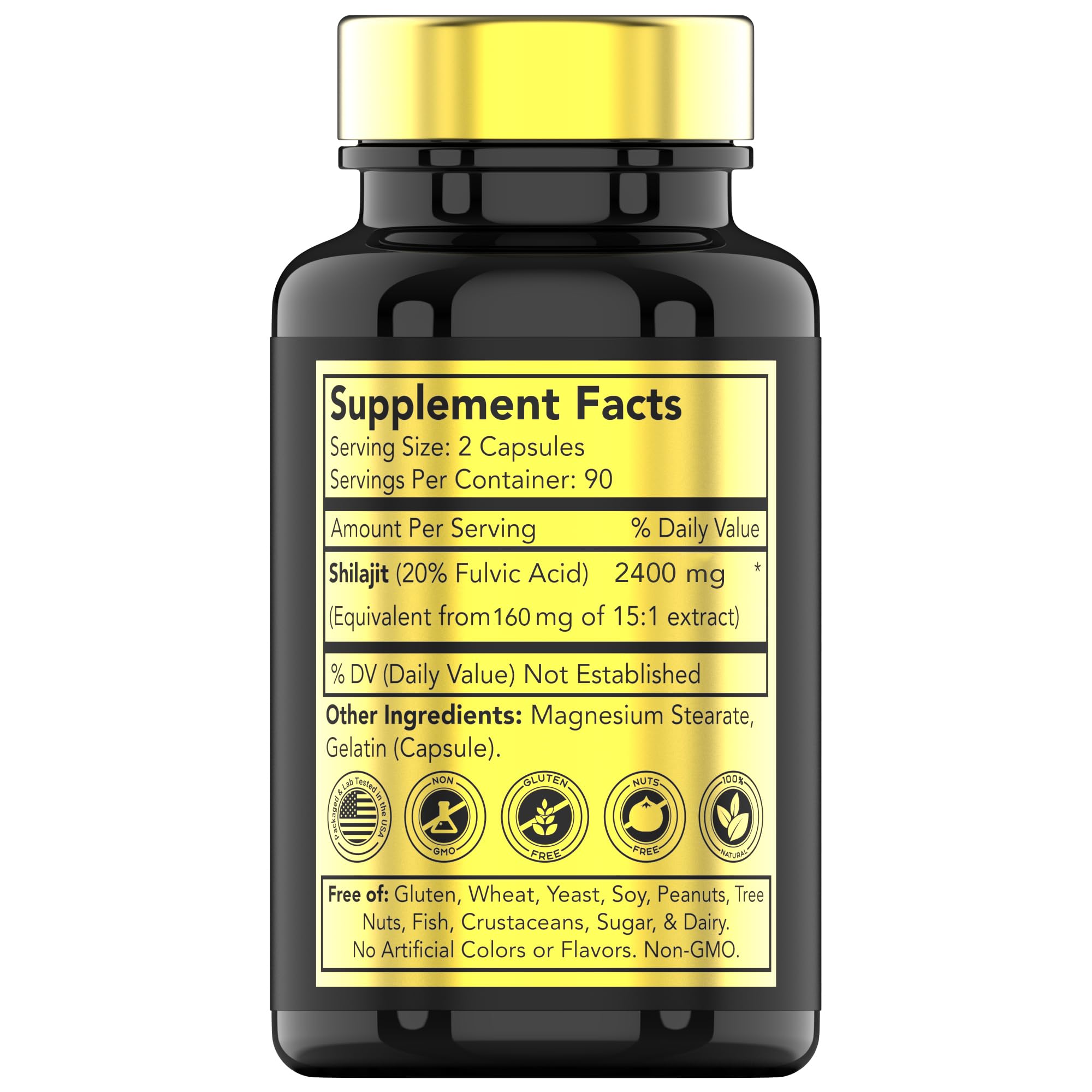 TNVitamins Shilajit bottle back label lists purity and gluten-free features.