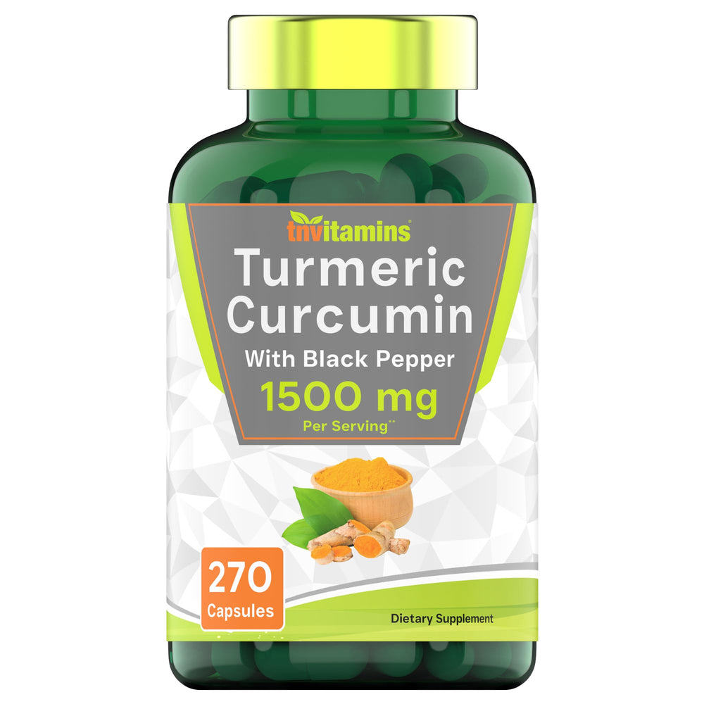 TNVitamins Turmeric Curcumin bottle with pour for daily joint comfort.