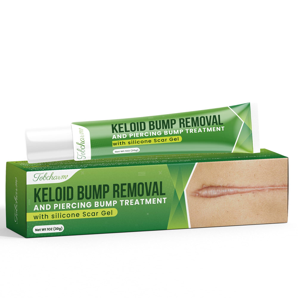 Tobcharm Advanced Keloid Gel bottle shown, designed to help smooth scar appearance over time.
