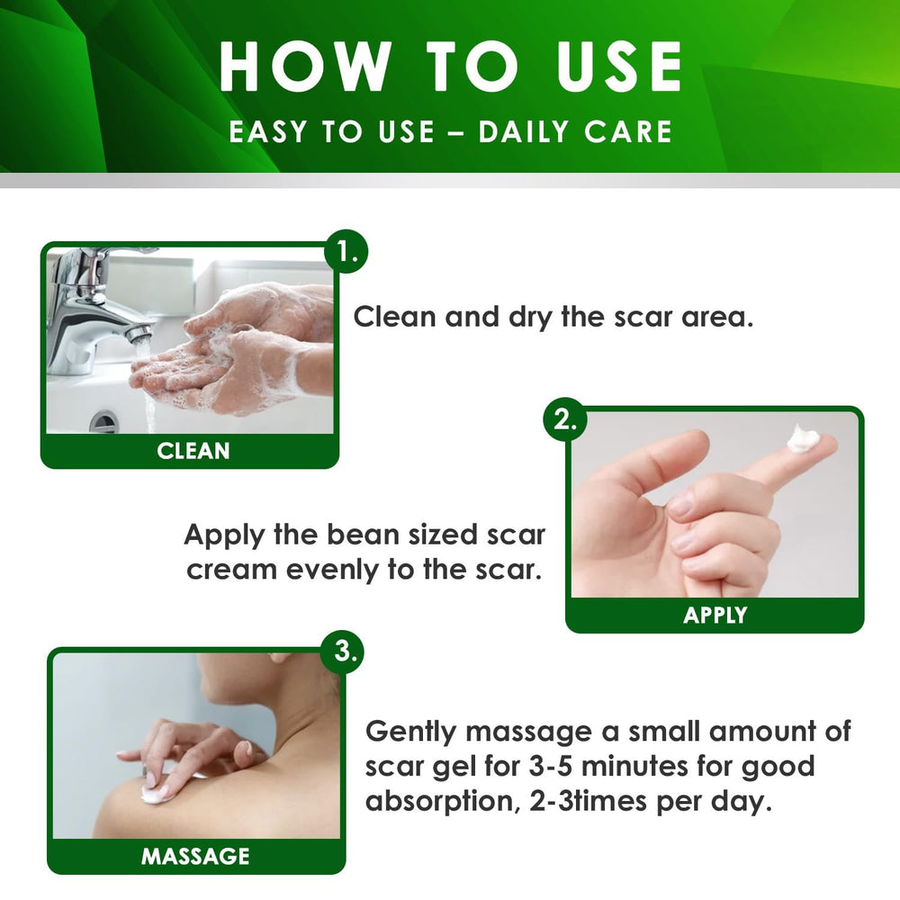Tobcharm fast-acting gel pack highlights quick scar smoothing.