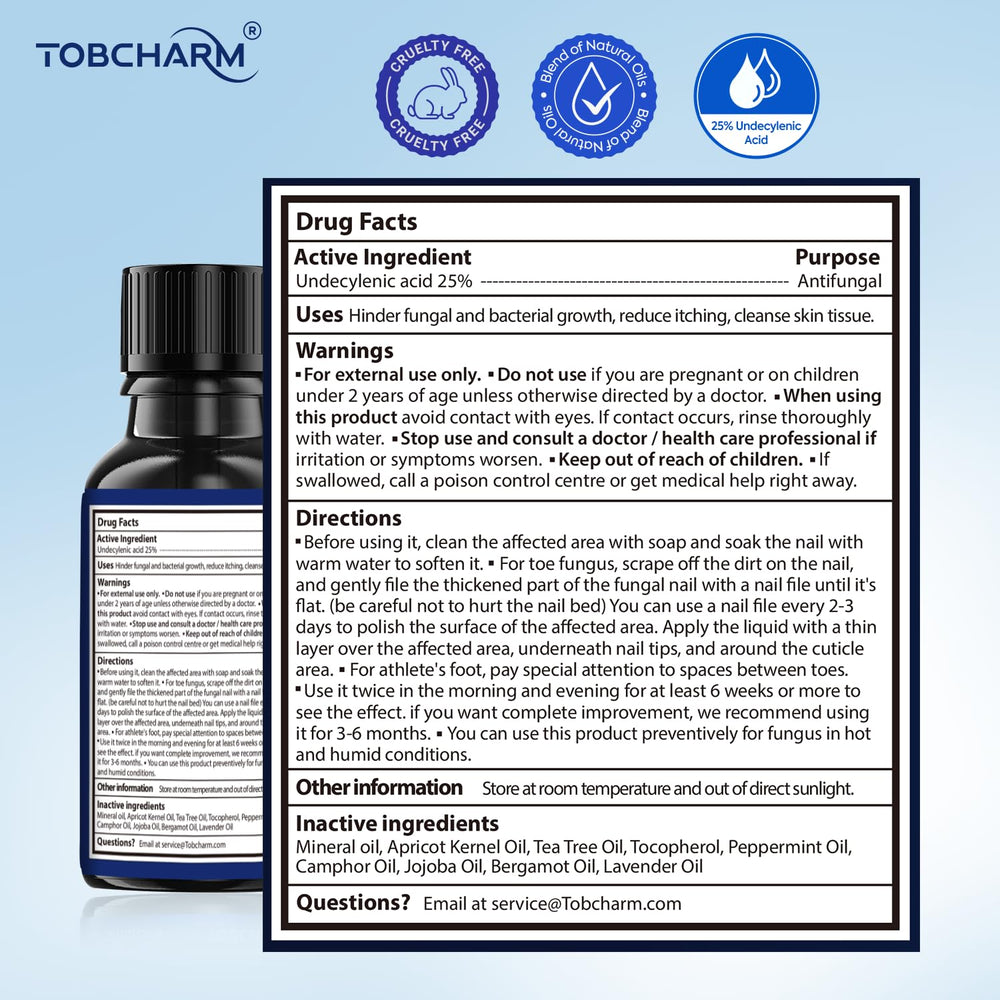 Tobcharm formula image emphasizes safe, natural ingredients for nail care.