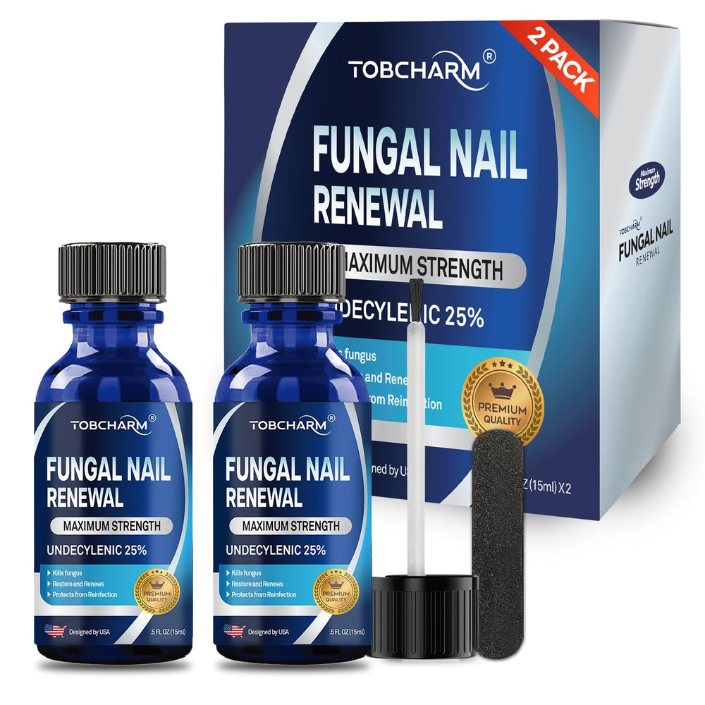 Tobcharm toenail fungus treatment bottle showing extra-strength formula for nails