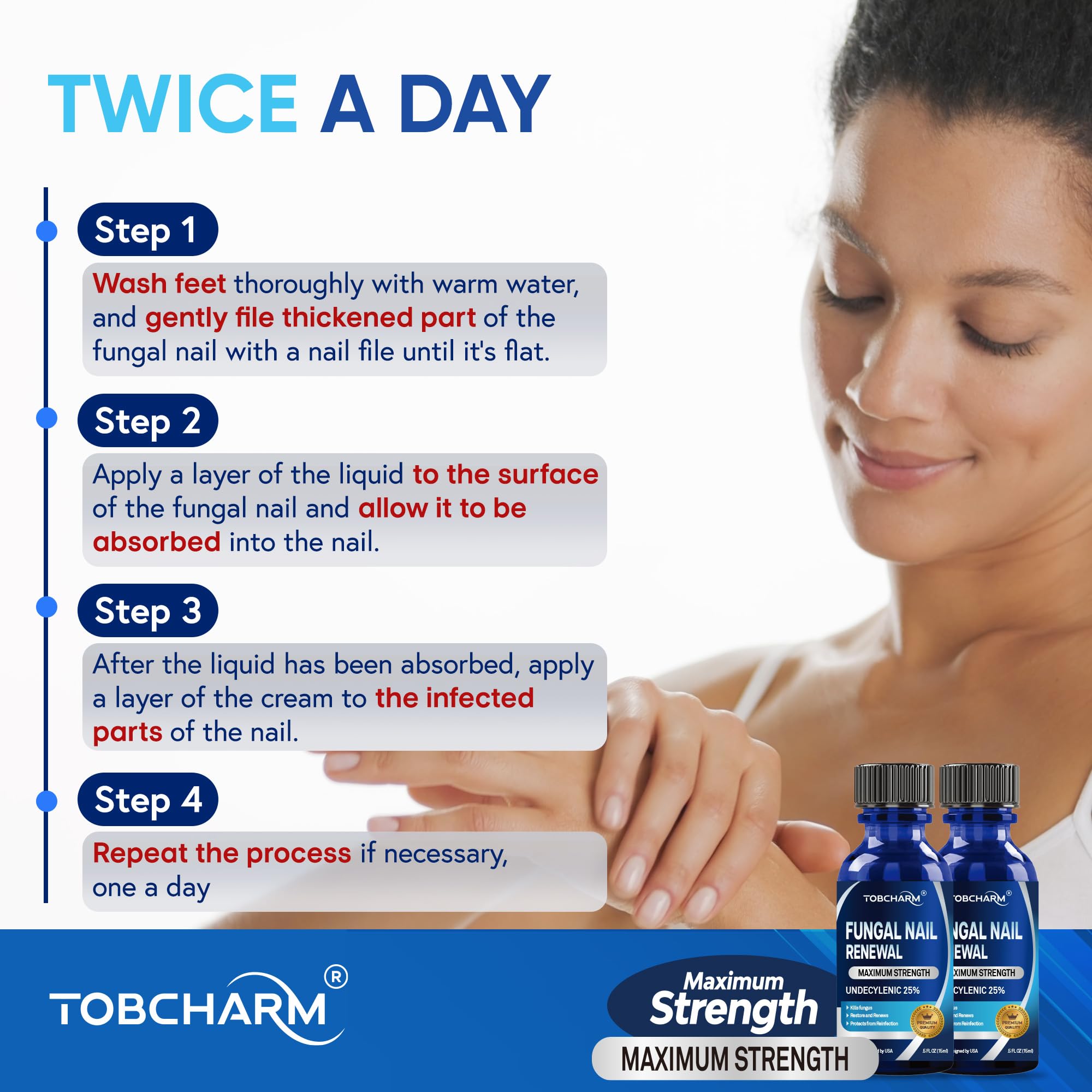 Tobcharm user applying treatment on toenail during routine