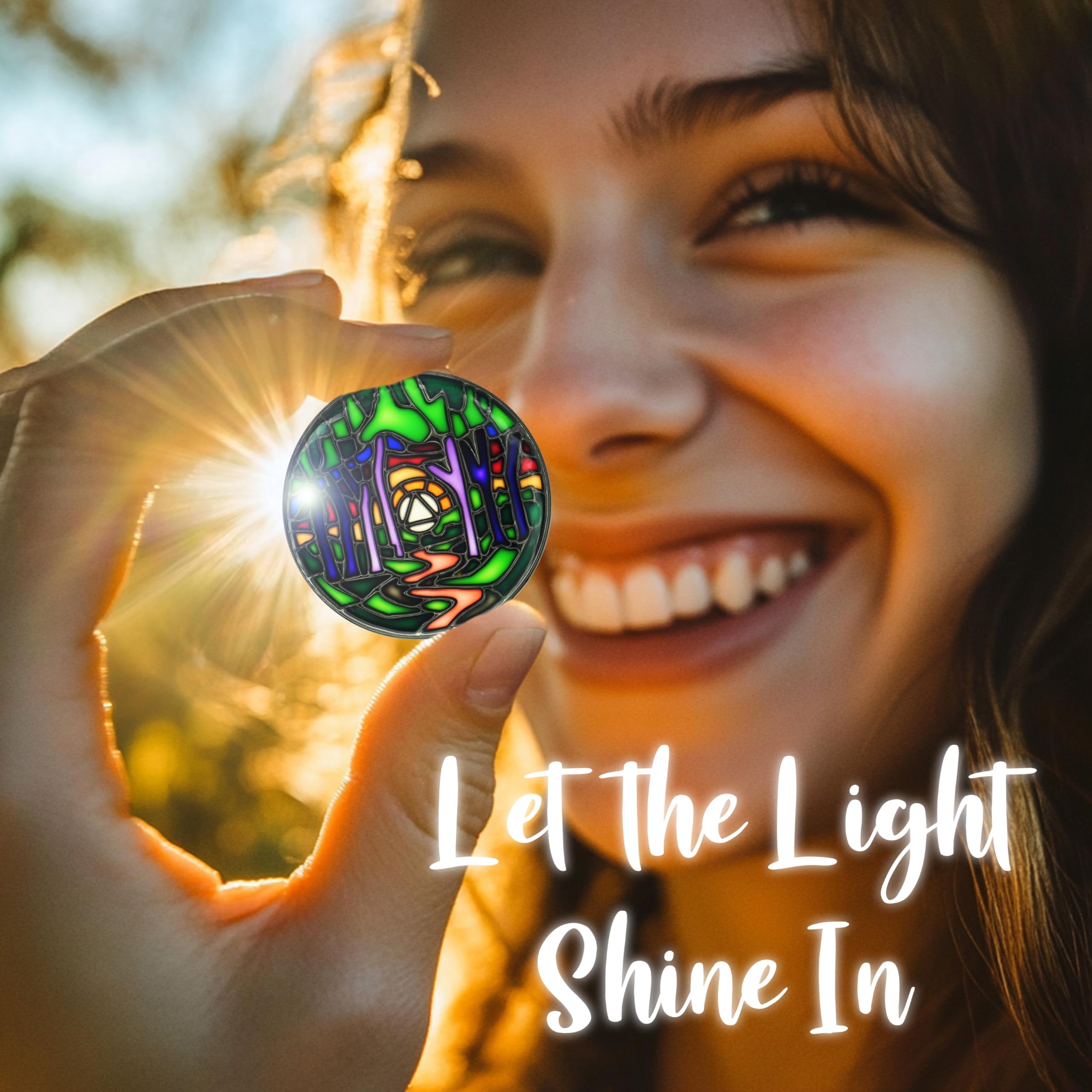 The Token Shop stained-glass AA coin compact size fits wallets and keychains for discreet use.