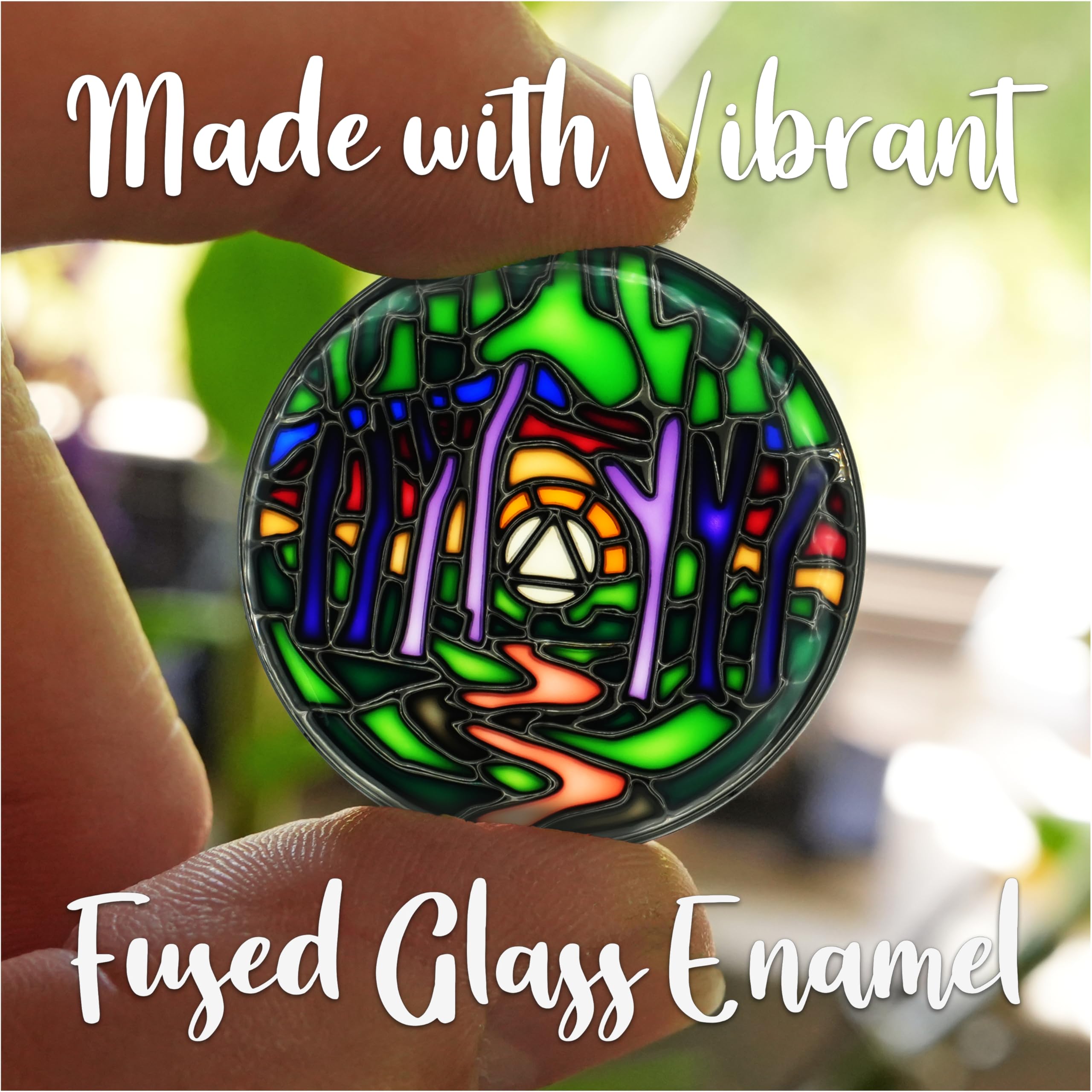 The Token Shop stained-glass AA coin durable metal frame supports long-lasting keepsake value.
