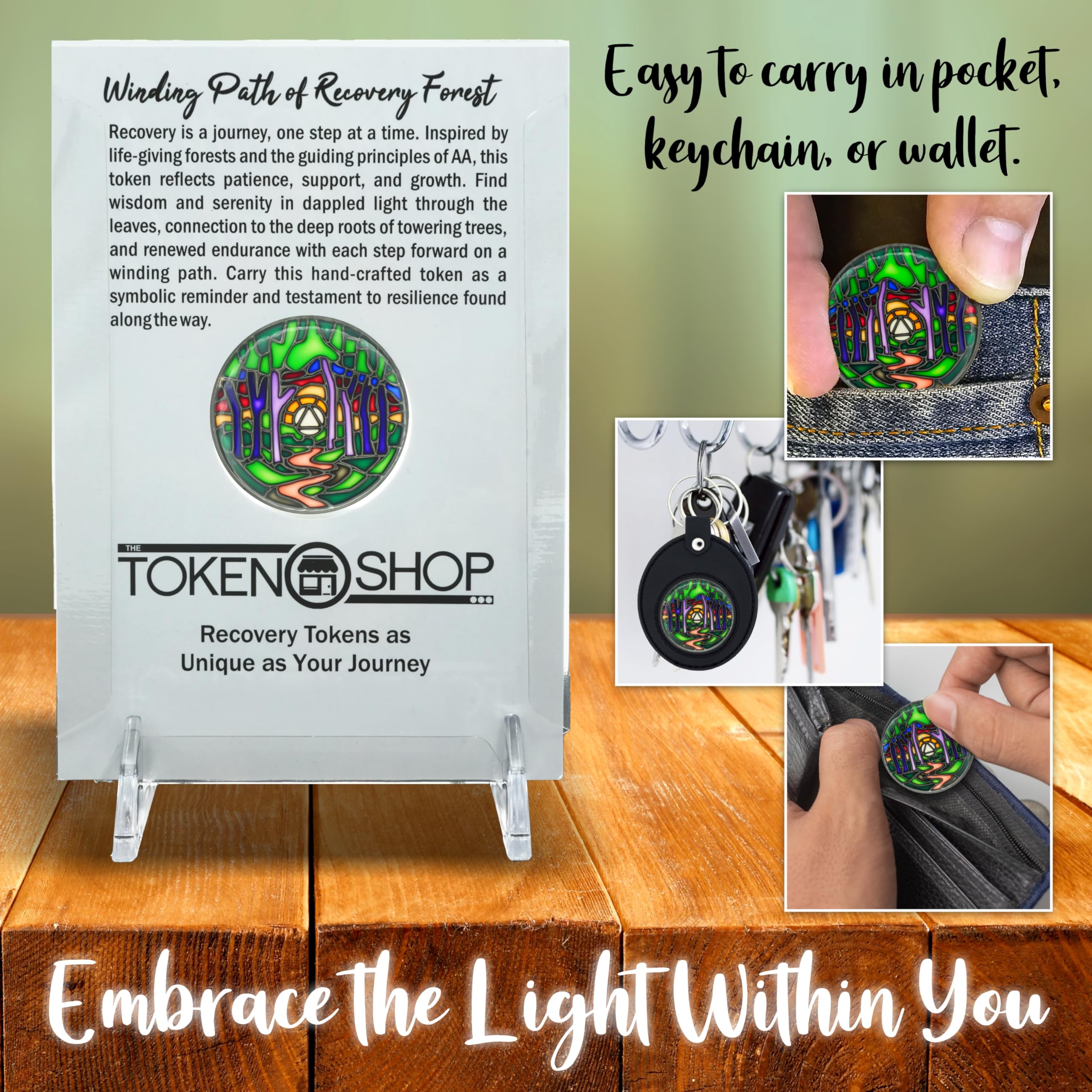 The Token Shop stained-glass AA coin epoxy coating preserves color and shine for everyday carry.
