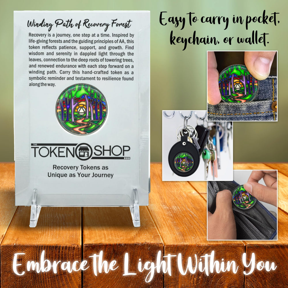 The Token Shop stained-glass AA coin epoxy coating preserves color and shine for everyday carry.
