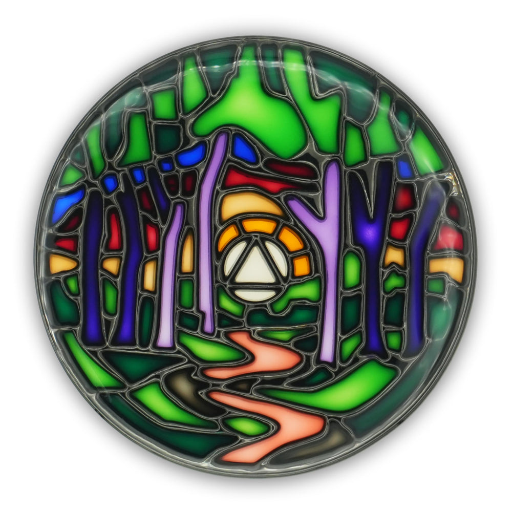 The Token Shop stained-glass AA coin forest path, durable sobriety keepsake for daily reflection.