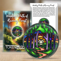 The Token Shop stained-glass AA coin sunrise light highlights renewal on milestone days.
