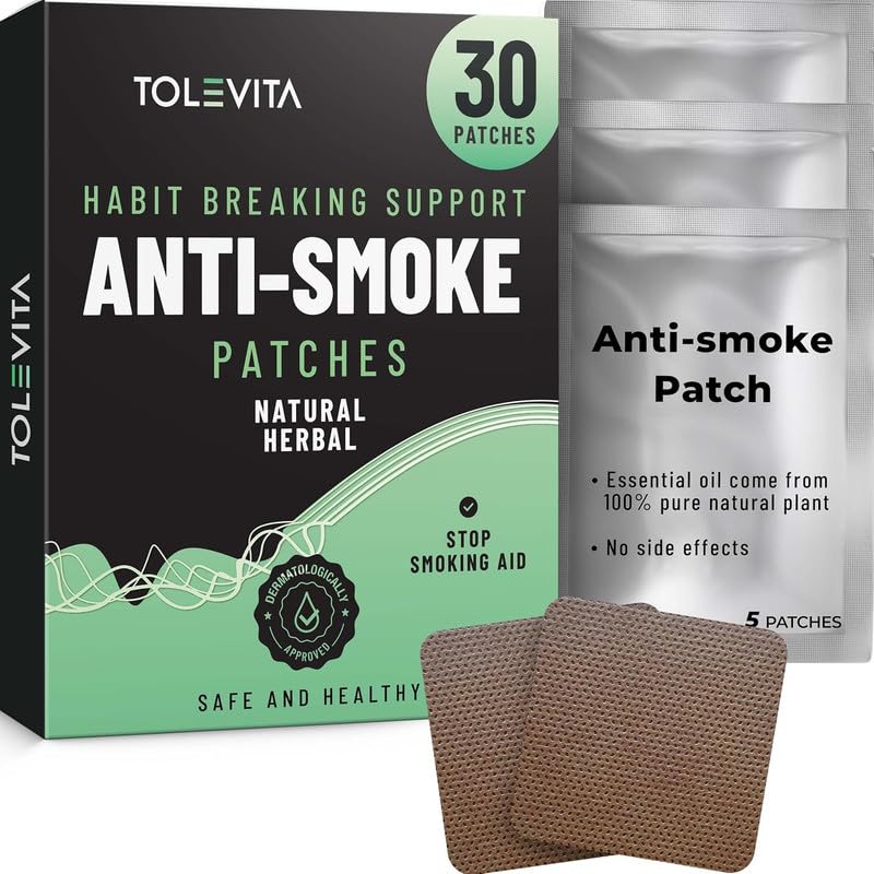 TOLEVITA Anti-Smoke Patches box shows 7 mg formula for craving reduction.