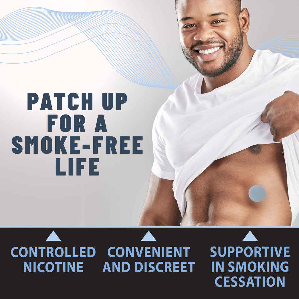 Close-up of the blue circle patch highlights herbal blend for quit-smoking support