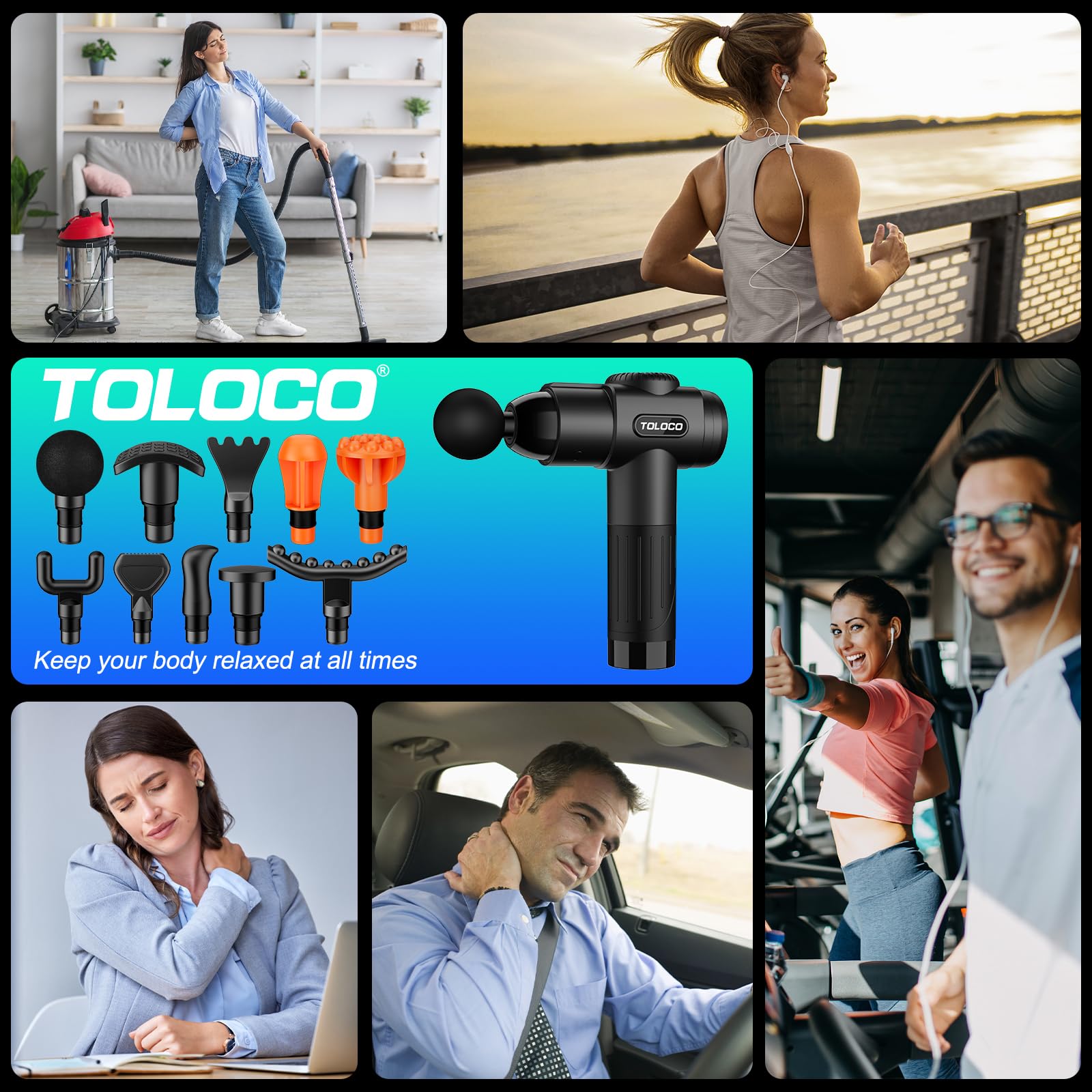 TOLOCO adjustable speed levels tailor intensity to muscle soreness.