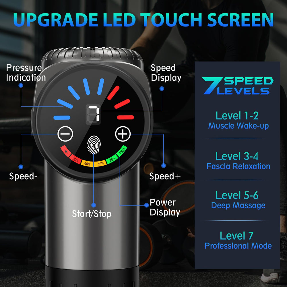 TOLOCO massage gun with 10 heads attached for full-body massage versatility