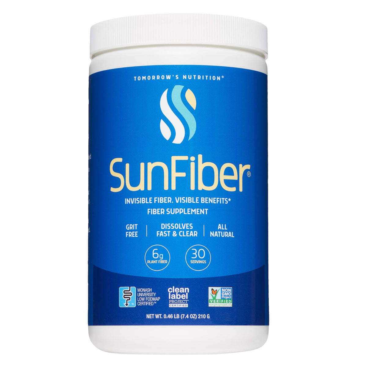 Tomorrow's Nutrition Sunfiber bottle front shows gluten-free, low FODMAP formula for gentle digestion.