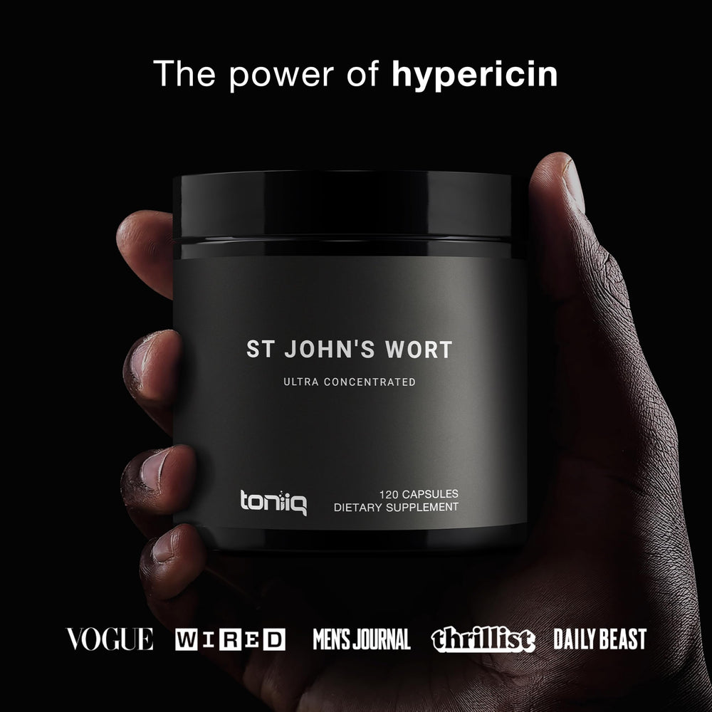 Toniiq 1,000mg St. John's Wort powder close-up—emphasizes purity and potency