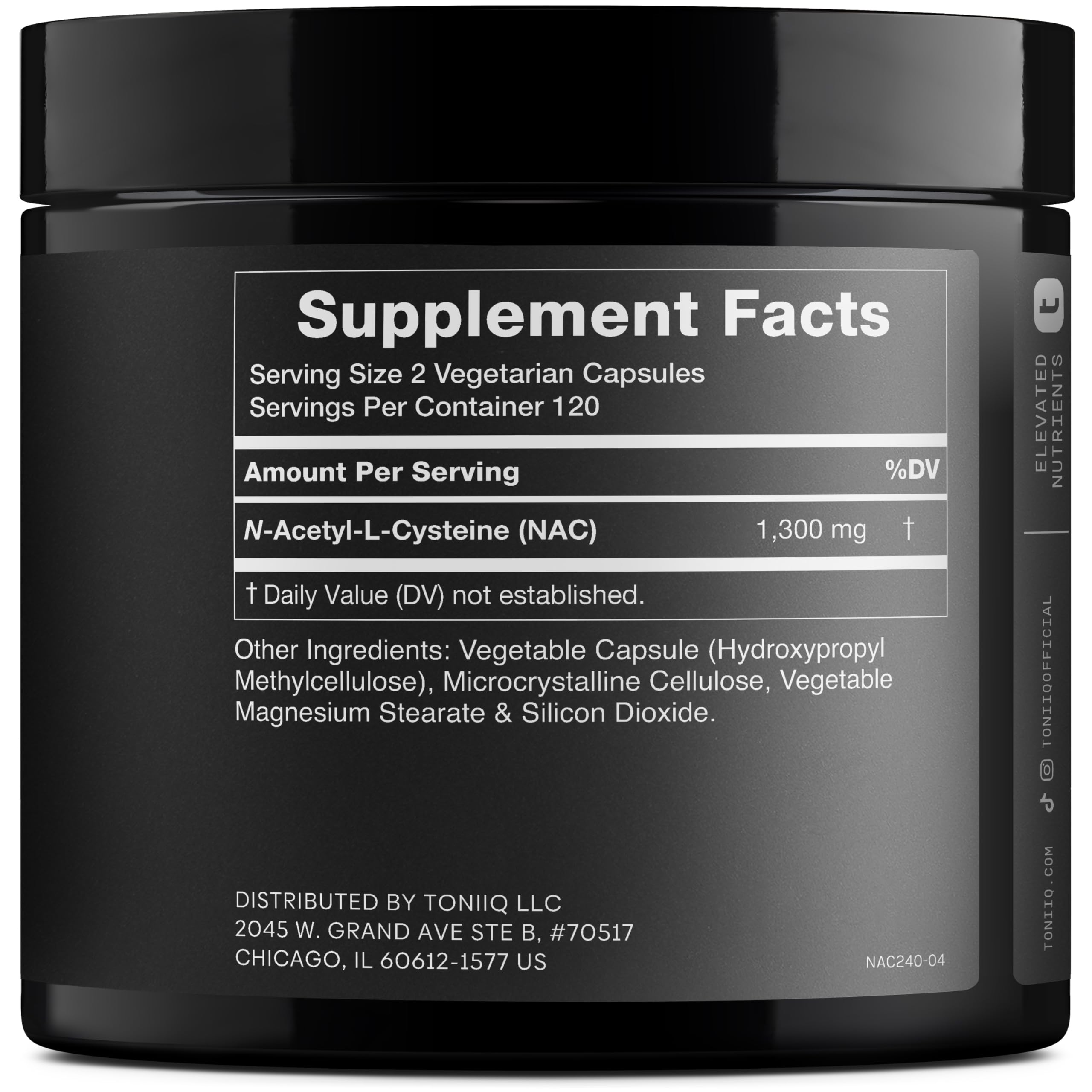 Toniiq NAC capsules closeup showing consistent 1300mg servings for dosing
