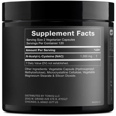 Toniiq NAC capsules closeup showing consistent 1300mg servings for dosing