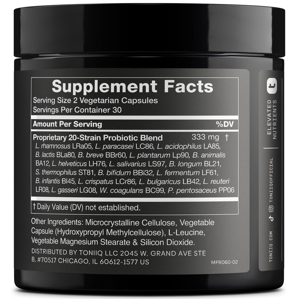 Toniiq 200Billion CFU image highlights high potency daily probiotic benefits.