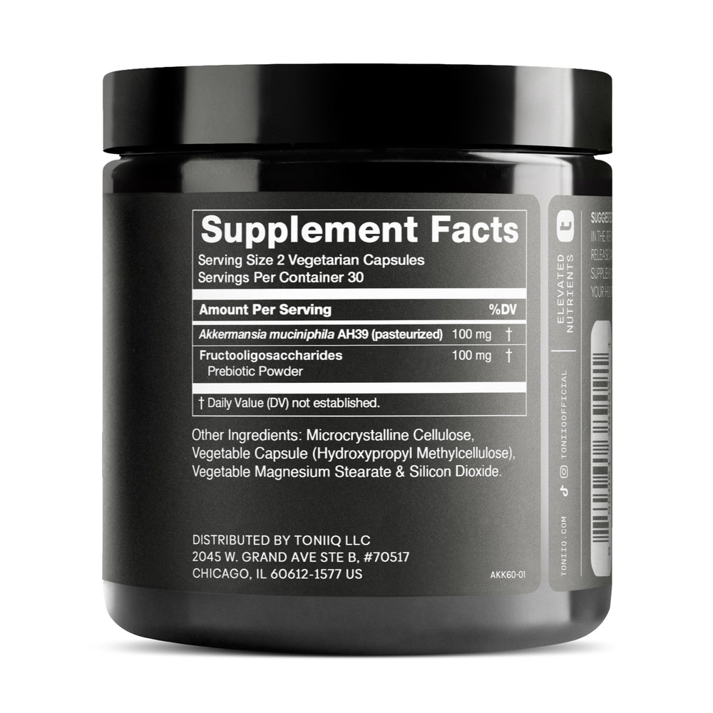 Toniiq Akkermansia capsules closeup highlighting convenient daily use