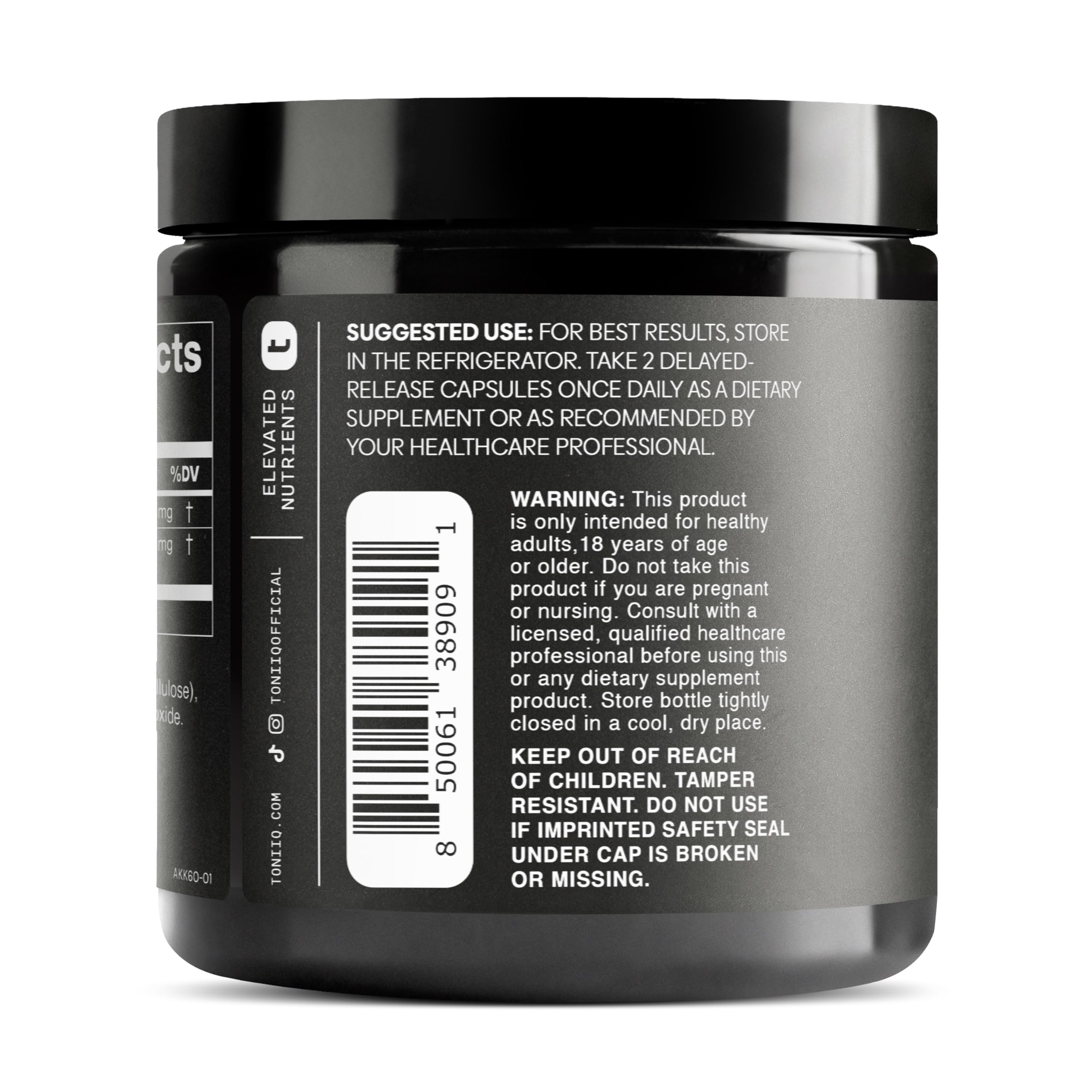 Toniiq Akkermansia label with ingredients panel indicating clean formula